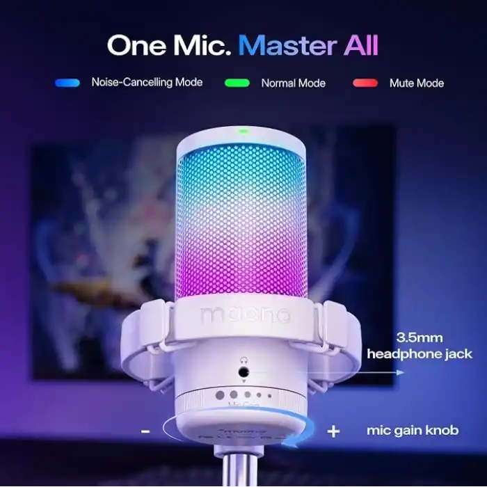 MAONO GDGM20S oyun USB mikrofonu, gürültü azaltma, RGB ışıklı kondansatörlü mikrofon, sessize alma, güçlendirme, monitör, kol desteği, yayın, podcast, Twitch, YouTube için pop filtresi
