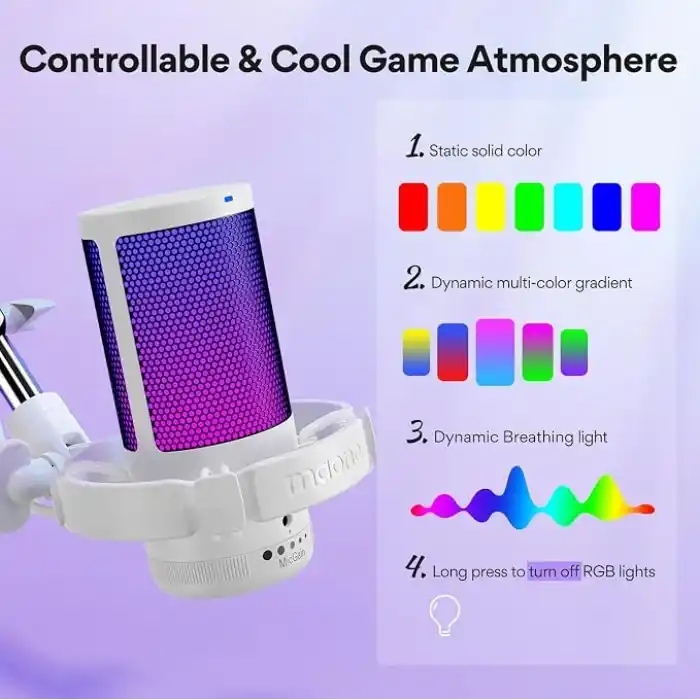 MAONO GDGM20S oyun USB mikrofonu, gürültü azaltma, RGB ışıklı kondansatörlü mikrofon, sessize alma, güçlendirme, monitör, kol desteği, yayın, podcast, Twitch, YouTube için pop filtresi