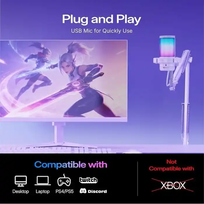 MAONO GDGM20S oyun USB mikrofonu, gürültü azaltma, RGB ışıklı kondansatörlü mikrofon, sessize alma, güçlendirme, monitör, kol desteği, yayın, podcast, Twitch, YouTube için pop filtresi