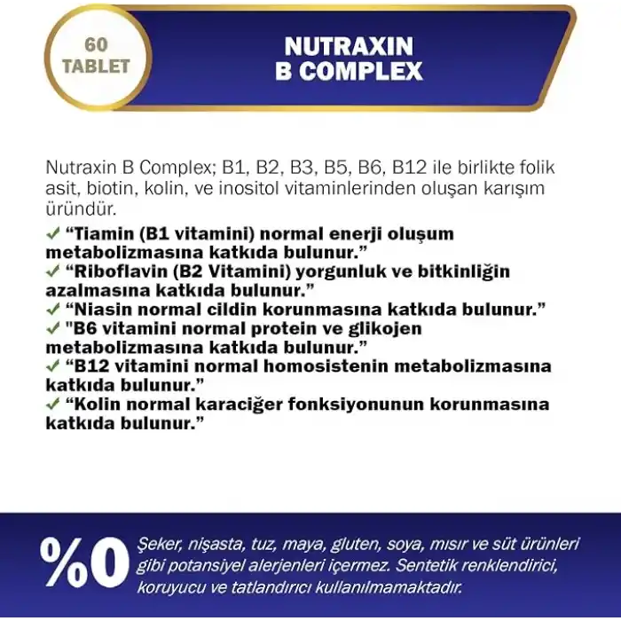 Nutraxin B Vitamin Complex 60 Tablet | 10 B Vitamini İçeren Güçlü Formül