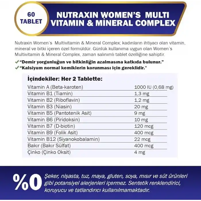 Nutraxin Womens Multi Vitamin Complex 60 Tablet Takviye Edici Gıda
