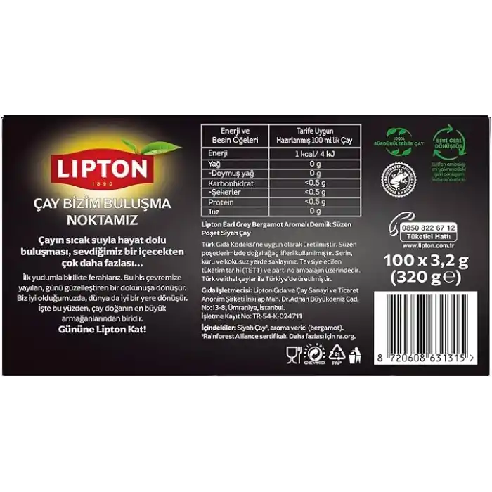 LİPTON Early Grey Demlik Poşet Çay 100lü (320 gr)