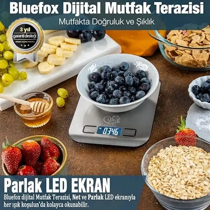 Bluefox Dijital Mutfak Terazisi - Paslanmaz Çelik Yüzeyli Hassas Mutfak Tartısı - Dara İşlevi, LED Ekran, 5 Birim Dönüştürme ve Otomatik Kapanma Özellikli - 5 kg Tartı Kapasitesi