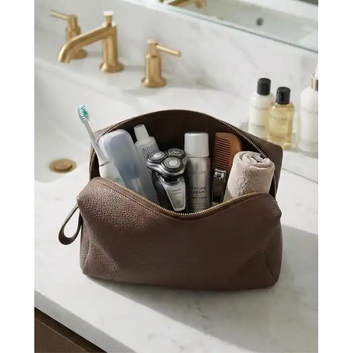 Deri Erkek Bakım Çantası Seyahat Organizeri – Tıraş Çantası, Kişisel Bakım ve Kozmetik Düzenleyici, Fermuarlı Geniş Hacimli Dopp Kit Kahverengi