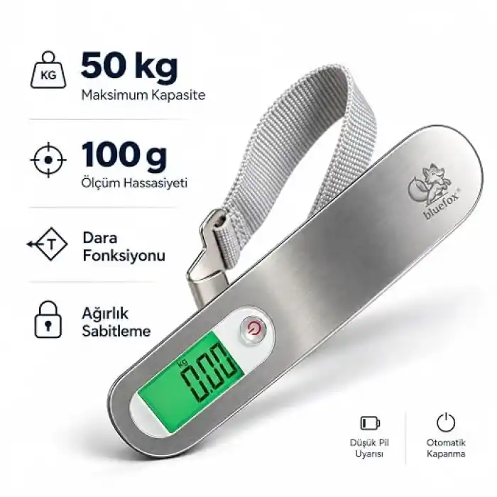 Bluefox Dijital Bagaj Tartısı - 50kg/110lb Kapasiteli, Dara Fonksiyonlu, Arkadan Aydınlatmalı LCD Ekran, Çoklu Ağırlık Birimi Seçenekleri, Taşınabilir & Ergonomik Tasarım