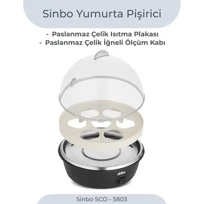 Sinbo SEB-5807 Yumurta Haşlama Makinesi, 7 Yumurtalık Elektrikli Yumurta Pişirici, 350 W, Otomatik Kapanma, Sesli Uyarı, Şeffaf Kapak