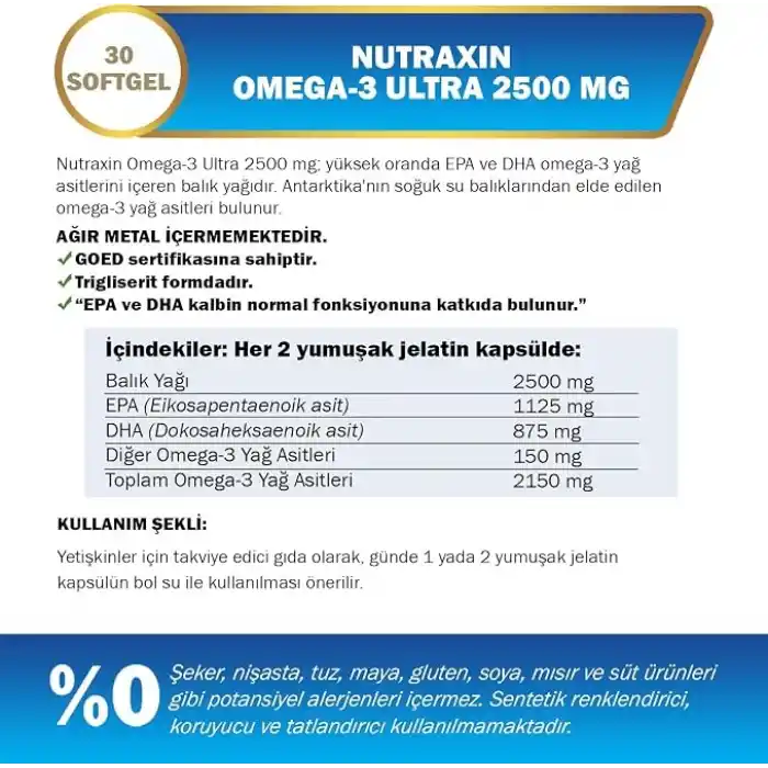 Nutraxin Vitals Ultra Omega-3 2500 mg 30 Kapsül Takviye Edici Gıda