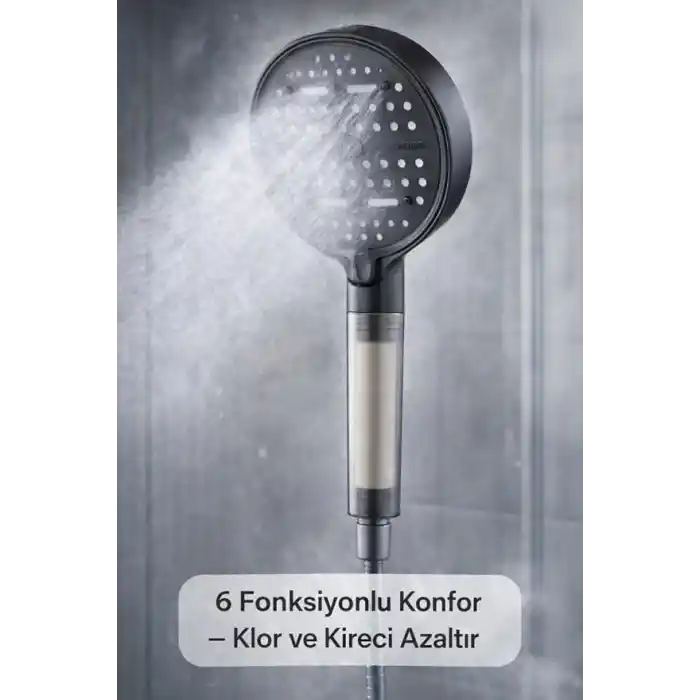 Busstier 6 Fonksiyonlu Filtreli Duş Başlığı Yüksek Basınçlı Su Tasarruflu Filtre Sistemli Kireç ve Klor Önleyici Duş Başlığı