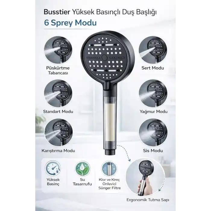 Busstier 6 Fonksiyonlu Filtreli Duş Başlığı Yüksek Basınçlı Su Tasarruflu Filtre Sistemli Kireç ve Klor Önleyici Duş Başlığı