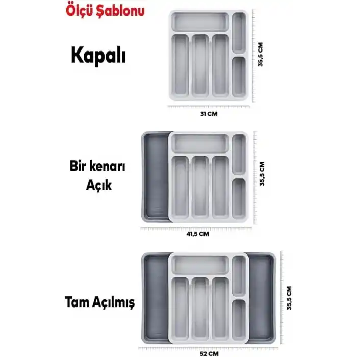 Coverest Çift Taraflı Ayarlanabilir Organizer Çekmece İçi Kaşıklık Uzayabilen Çatal Bıçaklık Düzenleyici Gri