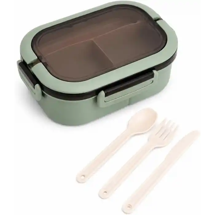 Busstier 1200 ml 2 Katlı 6 Bölmeli BPAsız PP Plastik Sefer Tası ve Beslenme Çantası - Hava Kilitli Bento Lunch Box, Çatal ve Kaşık Dahil (Yeşil)