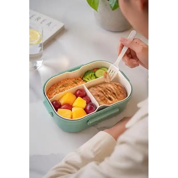 Busstier 1200 ml 2 Katlı 6 Bölmeli BPAsız PP Plastik Sefer Tası ve Beslenme Çantası - Hava Kilitli Bento Lunch Box, Çatal ve Kaşık Dahil (Yeşil)