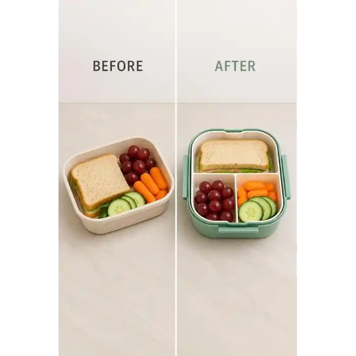 Busstier 1200 ml 2 Katlı 6 Bölmeli BPAsız PP Plastik Sefer Tası ve Beslenme Çantası - Hava Kilitli Bento Lunch Box, Çatal ve Kaşık Dahil (Yeşil)