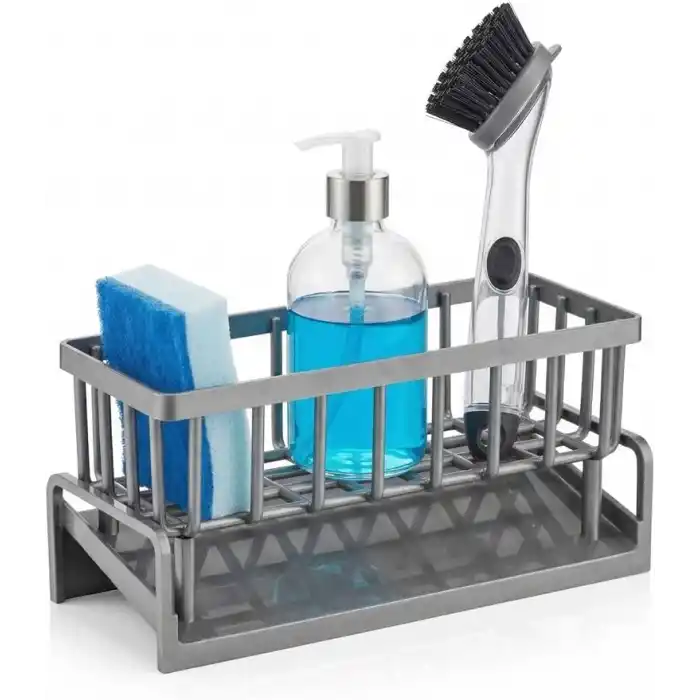 Orret Home Lavabo Organizeri Tezgah Üstü ABS Plastik Mutfak Organizer Banyo Düzenleyici Evye Üstü Süngerlik Sabunluk Organizer Su Hazneli Gri Raf (Metalik Gri)
