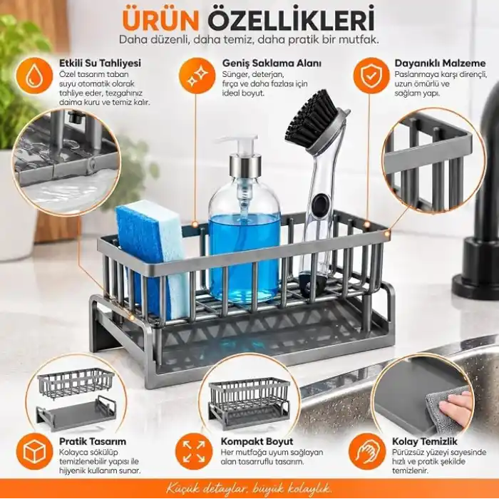 Orret Home Lavabo Organizeri Tezgah Üstü ABS Plastik Mutfak Organizer Banyo Düzenleyici Evye Üstü Süngerlik Sabunluk Organizer Su Hazneli Gri Raf (Metalik Gri)