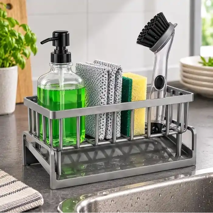 Orret Home Lavabo Organizeri Tezgah Üstü ABS Plastik Mutfak Organizer Banyo Düzenleyici Evye Üstü Süngerlik Sabunluk Organizer Su Hazneli Gri Raf (Metalik Gri)