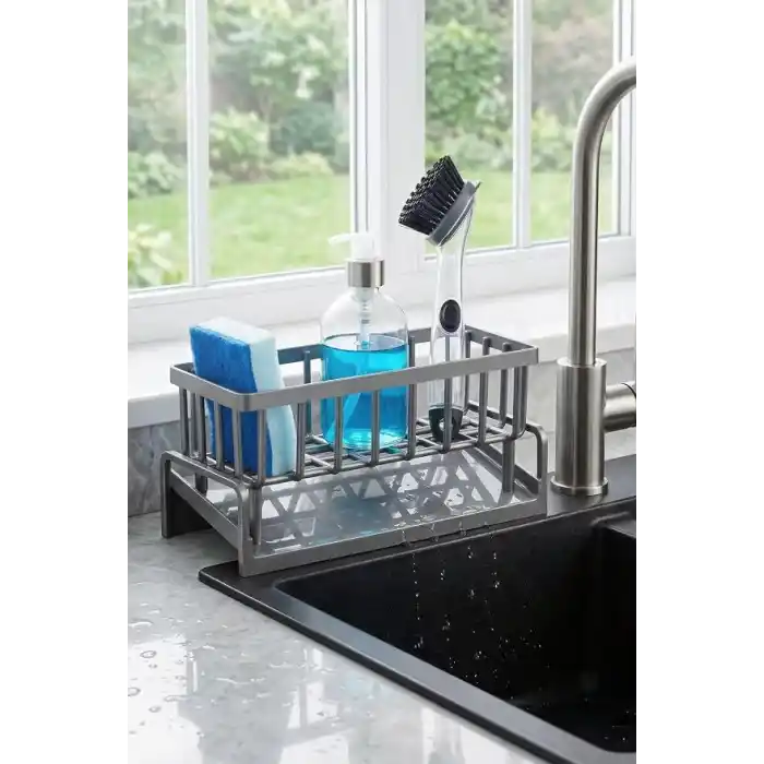 Orret Home Lavabo Organizeri Tezgah Üstü ABS Plastik Mutfak Organizer Banyo Düzenleyici Evye Üstü Süngerlik Sabunluk Organizer Su Hazneli Gri Raf (Metalik Gri)