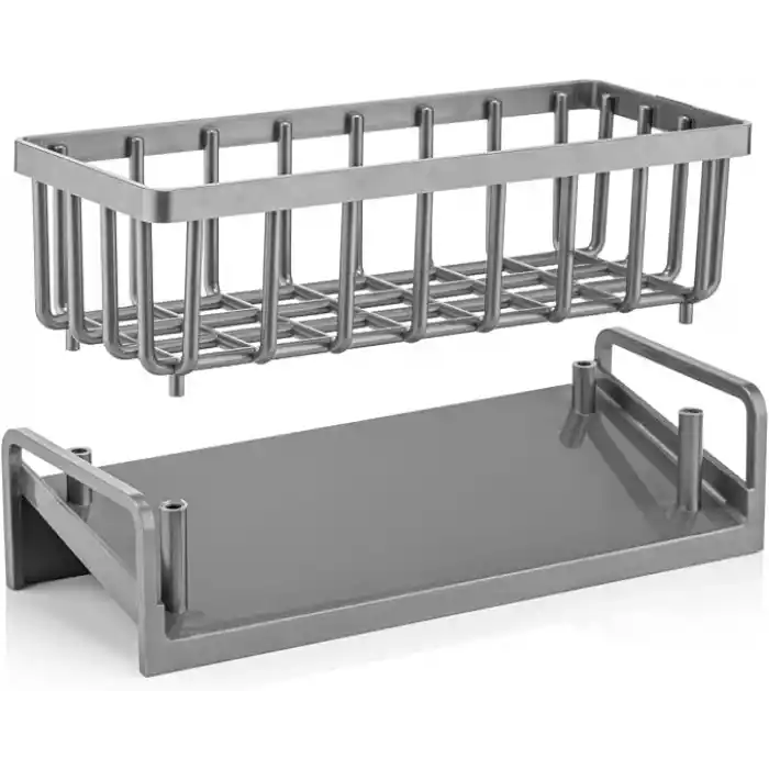 Orret Home Lavabo Organizeri Tezgah Üstü ABS Plastik Mutfak Organizer Banyo Düzenleyici Evye Üstü Süngerlik Sabunluk Organizer Su Hazneli Gri Raf (Metalik Gri)
