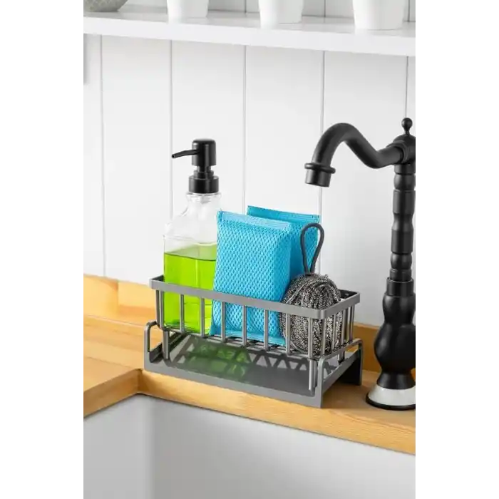 Orret Home Lavabo Organizeri Tezgah Üstü ABS Plastik Mutfak Organizer Banyo Düzenleyici Evye Üstü Süngerlik Sabunluk Organizer Su Hazneli Gri Raf (Metalik Gri)