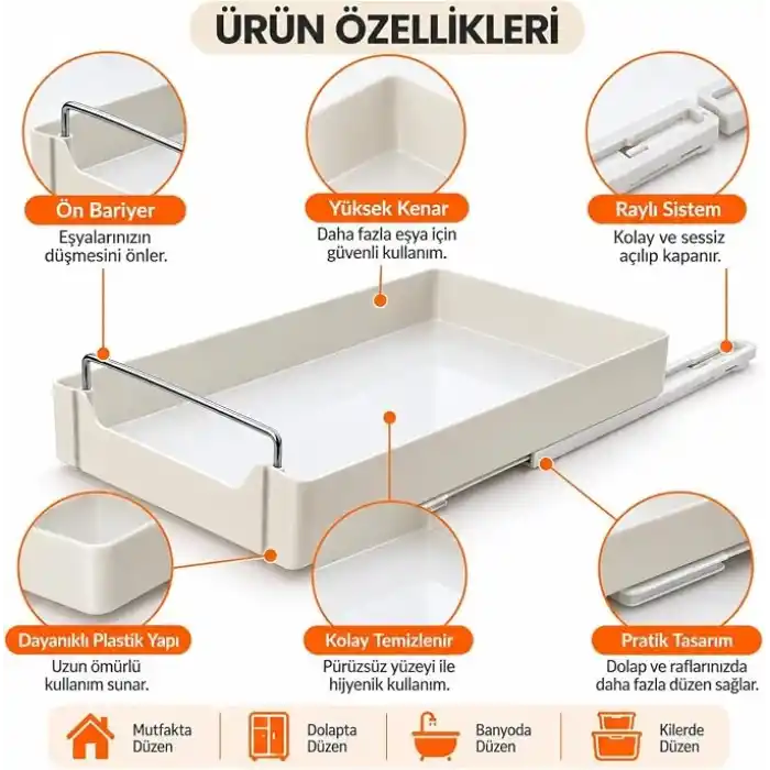 Orret Home Dolap İçi Raylı Organizer Çekmece 34 x 27 x 6,5 cm, Çekilebilir Plastik Dolap Düzenleyici, Mutfak Banyo Dolap İçi Organizer, Raylı Saklama Sepeti (Büyük)