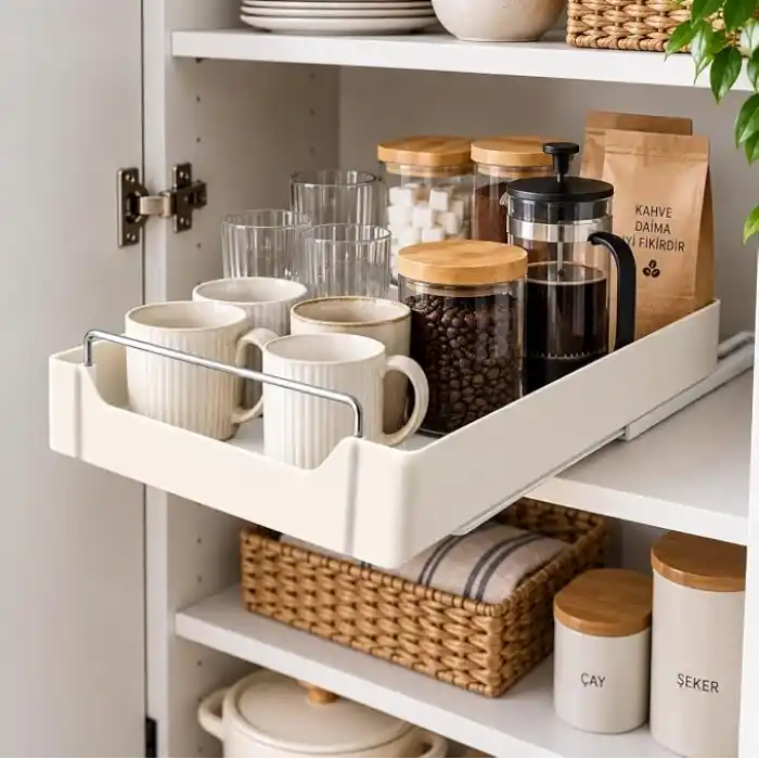 Orret Home Dolap İçi Raylı Organizer Çekmece 34 x 27 x 6,5 cm, Çekilebilir Plastik Dolap Düzenleyici, Mutfak Banyo Dolap İçi Organizer, Raylı Saklama Sepeti (Büyük)