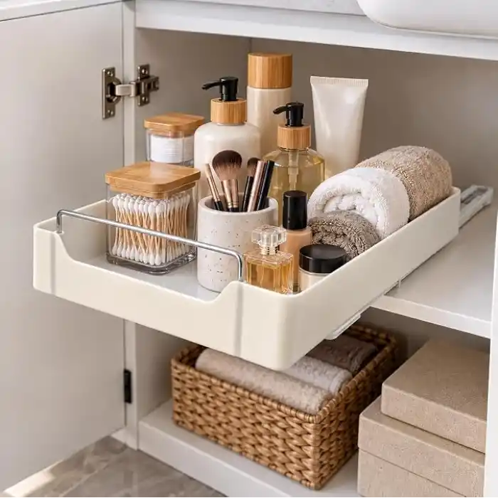 Orret Home Dolap İçi Raylı Organizer Çekmece 34 x 27 x 6,5 cm, Çekilebilir Plastik Dolap Düzenleyici, Mutfak Banyo Dolap İçi Organizer, Raylı Saklama Sepeti (Büyük)