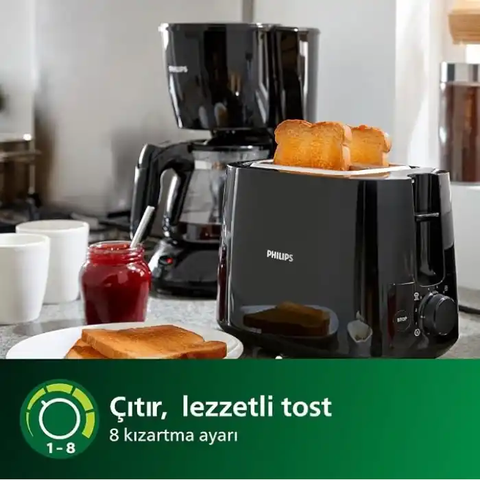 Philips Daily Collection Tost Makinesi - 2 dilim, 8 ayar Erişim. entegre hamur ısıtıcısı, Kompakt tasarım, Otomatik durma, Geniş yuva, Siyah (HD2581/90)