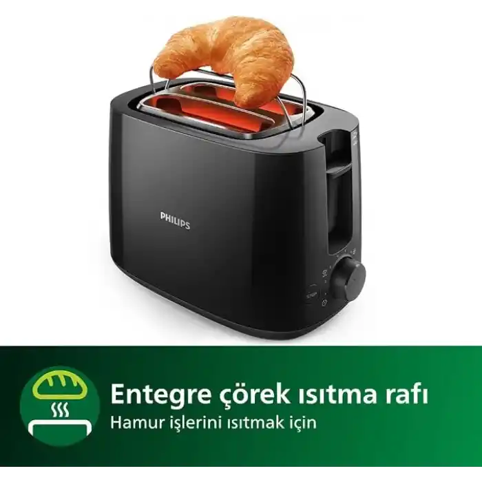 Philips Daily Collection Tost Makinesi - 2 dilim, 8 ayar Erişim. entegre hamur ısıtıcısı, Kompakt tasarım, Otomatik durma, Geniş yuva, Siyah (HD2581/90)