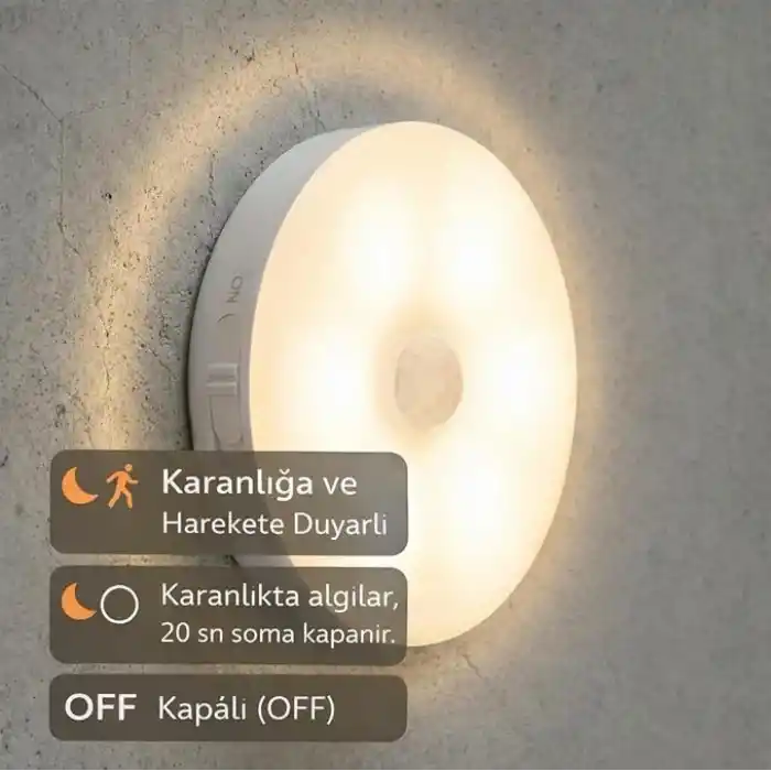 Amber LED Hareket Sensörlü Ledli Gece Lambası Şarj Edilebilir, Taşınabilir 4000k Günışığı (2 Adet)