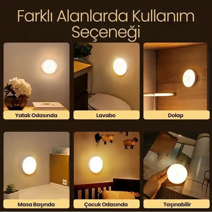 Amber LED Hareket Sensörlü Ledli Gece Lambası Şarj Edilebilir, Taşınabilir 4000k Günışığı (2 Adet)