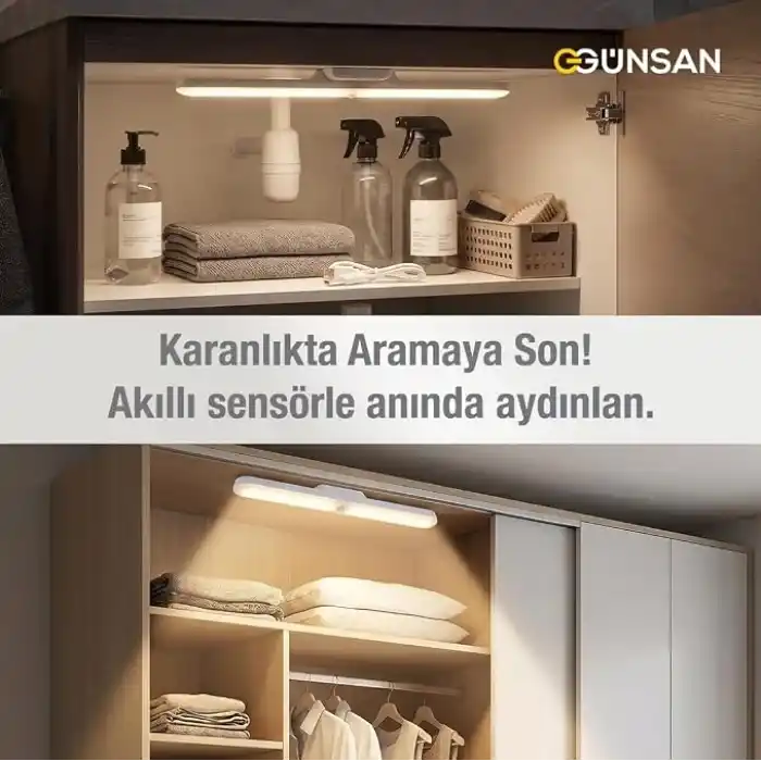 Günsan Şarjlı Mıknatıslı Hareket Sensörlü Led Lamba - Dolap İçi, Mutfak, Kitaplık, Tezgah Altı Aydınlatma - 3 Renk Modu - Dim Edilebilir - Işık Hafızalı
