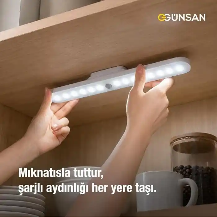 Günsan Şarjlı Mıknatıslı Hareket Sensörlü Led Lamba - Dolap İçi, Mutfak, Kitaplık, Tezgah Altı Aydınlatma - 3 Renk Modu - Dim Edilebilir - Işık Hafızalı