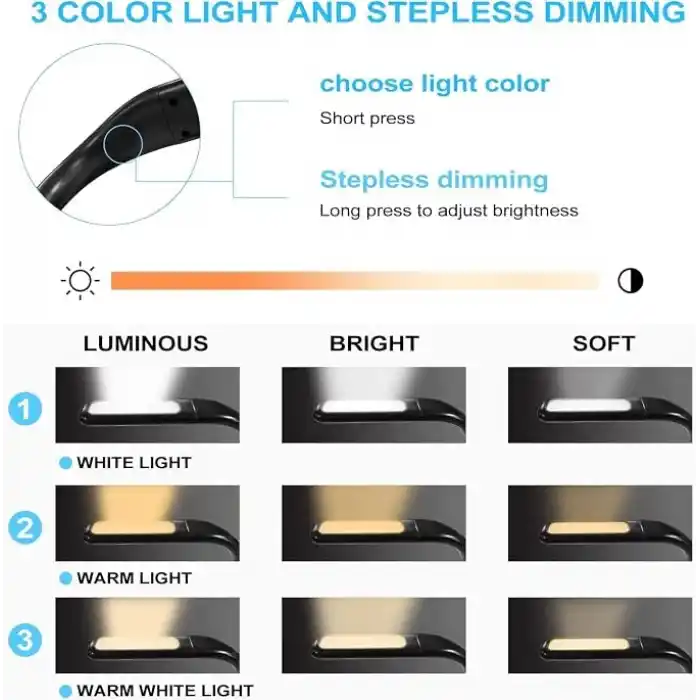 Coverzone LED Kitap Okuma Işığı Esnek Kitap Boyun Işığı Ayarlanabilir Parlaklık Masa Lambası 3 Renk Okuma Işığı Bükülebilir Kollu Işık Tamir İçin Uygun Gece Koşusu Yürüyüş Type-C Şarj Girişli Kamp FH8