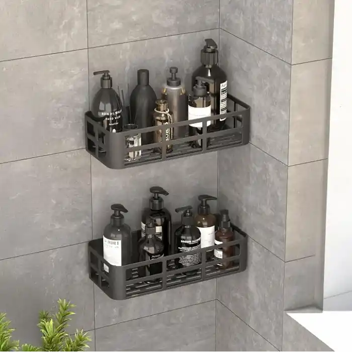 Deconox 2li Set Siyah Yapışkanlı Banyo Duş Rafı - 27x12 cm Matkapsız Montaj Şampuanlık ve Mutfak Baharatlık Organizeri