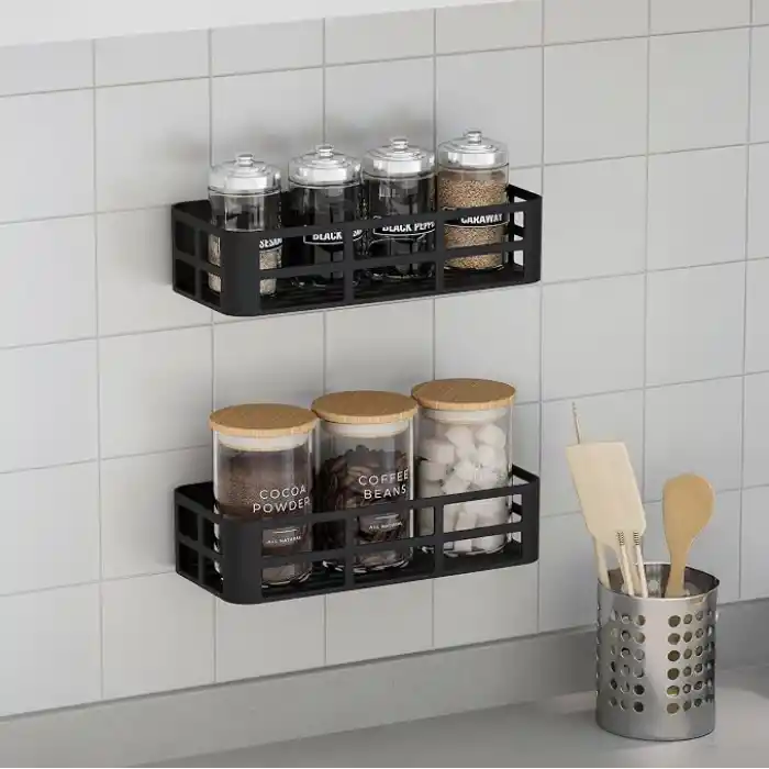 Deconox 2li Set Siyah Yapışkanlı Banyo Duş Rafı - 27x12 cm Matkapsız Montaj Şampuanlık ve Mutfak Baharatlık Organizeri