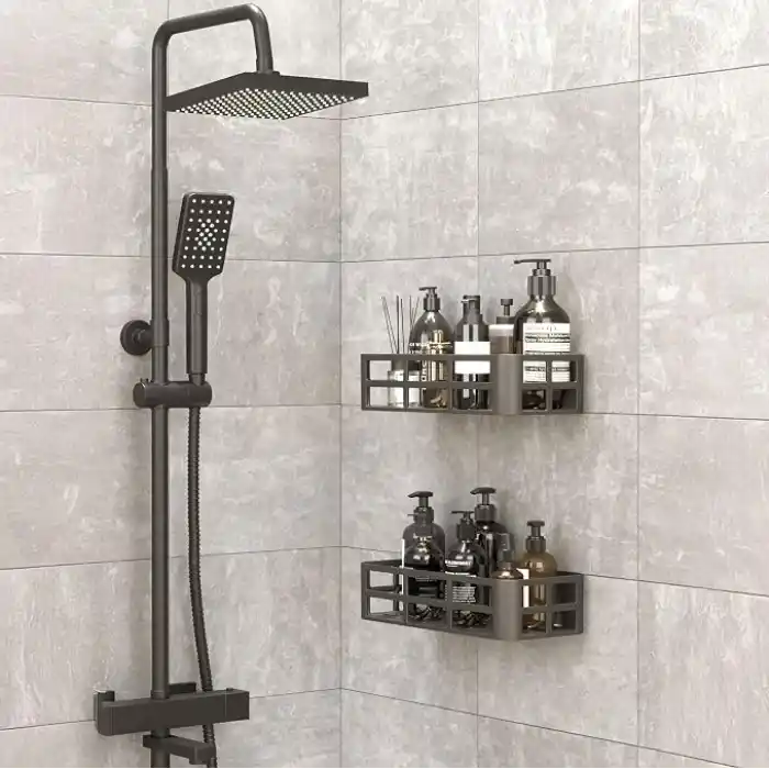 Deconox 2li Set Siyah Yapışkanlı Banyo Duş Rafı - 27x12 cm Matkapsız Montaj Şampuanlık ve Mutfak Baharatlık Organizeri