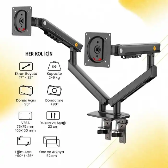 NB ERGONOMIC North Bayou A5C 17-32 İnch Çift Kol 2-9 KG Vesa Uyumlu Monitör Standı