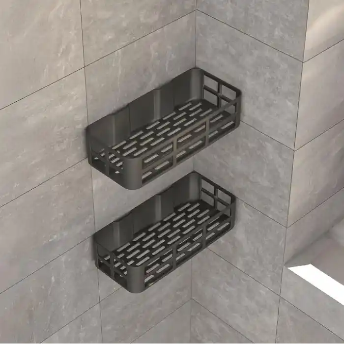 Deconox 2li Set Siyah Yapışkanlı Banyo Duş Rafı - 27x12 cm Matkapsız Montaj Şampuanlık ve Mutfak Baharatlık Organizeri
