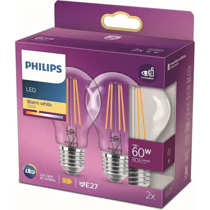 Philips LED Classic 60W A60 Filament Ampul, 2700 Sarı Işık, E27 Normal Duy, Dim Edilmez 2li Ekopaket