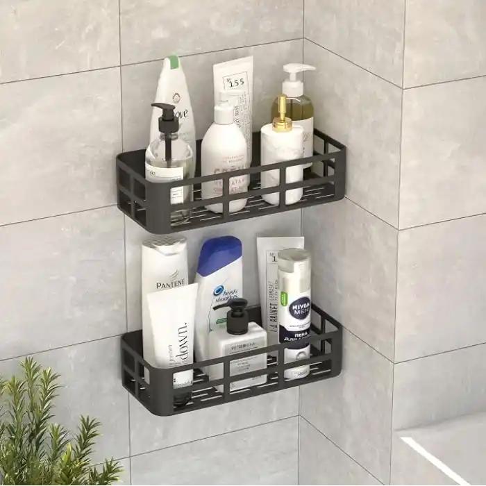 Deconox 2li Set Siyah Yapışkanlı Banyo Duş Rafı - 27x12 cm Matkapsız Montaj Şampuanlık ve Mutfak Baharatlık Organizeri
