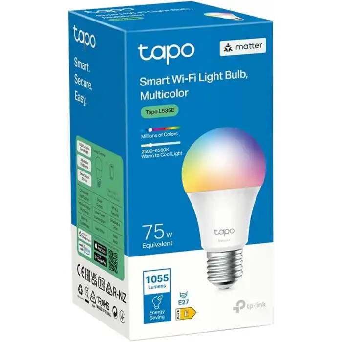Tapo TP-Link L535E, Matter Wi-Fi LED Akıllı Ampul, Çok Renkli, E27,75W 806 Amazon Alexa ve Google Home ile Çalışır, Renk Değiştirilebilir, Hub Gerekmez