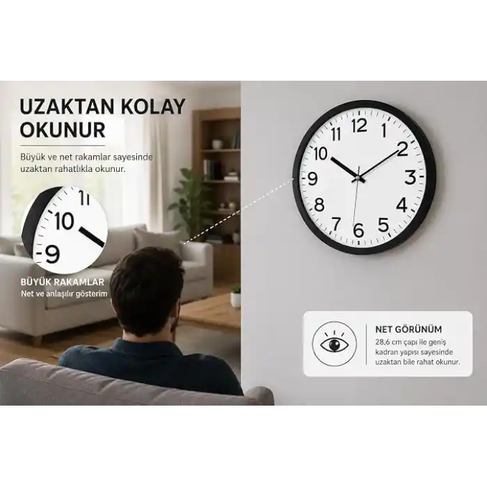 Galaxy Duvar Saati, Siyah Sessiz Akar Makine, Mineral Cam, ABS Çerçeve, 286mm Çap, Ofis ve Ev için