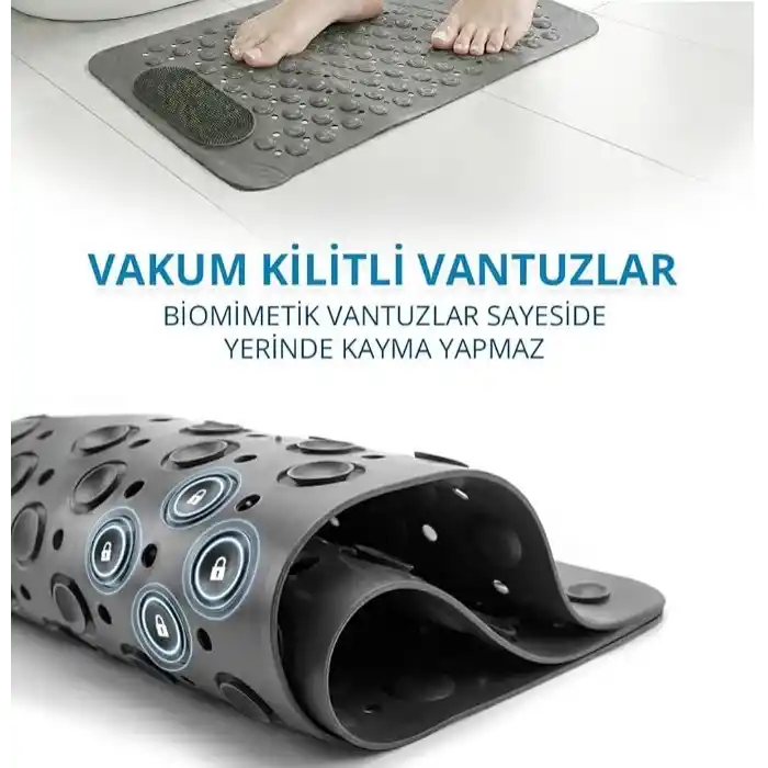 Vantuzlu Banyo ve Duş Kaydırmazı, Kaydırmaz Duş Matı, Duşa Kabin Küvet İçi Vantuzlu Banyo Paspası (35x69 cm) (Gri)