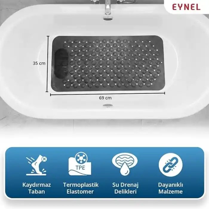 Vantuzlu Banyo ve Duş Kaydırmazı, Kaydırmaz Duş Matı, Duşa Kabin Küvet İçi Vantuzlu Banyo Paspası (35x69 cm) (Gri)