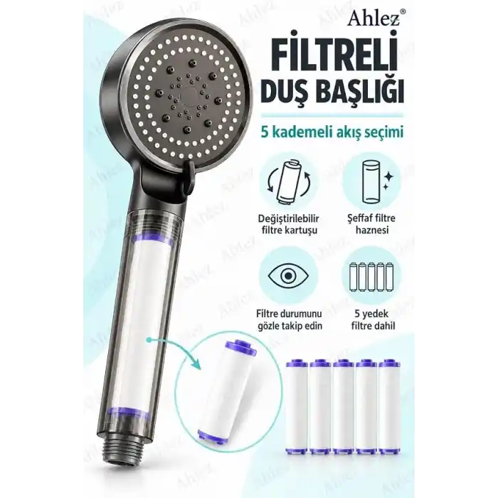 Filtreli Duş Başlığı, 5 Yedek Filtreli, Yüksek Basınçlı, Klor ve Kireç Önleyici, Su Arıtmalı