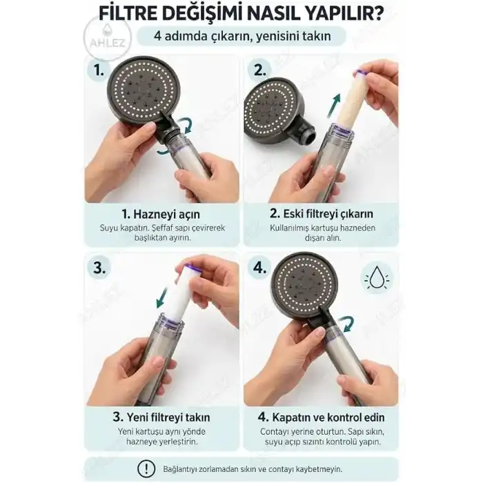Filtreli Duş Başlığı, 5 Yedek Filtreli, Yüksek Basınçlı, Klor ve Kireç Önleyici, Su Arıtmalı