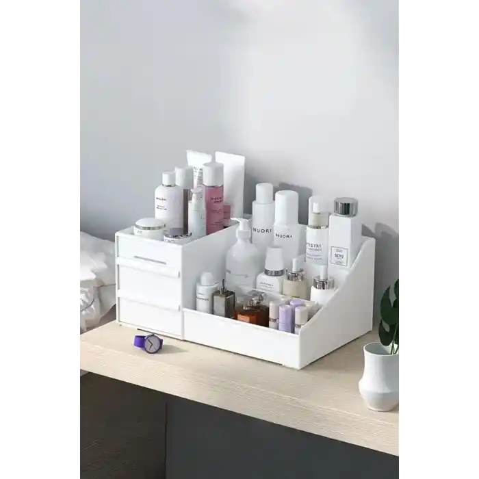 3 Katlı 2 Çekmeceli Ofis, Takı Makyaj Düzenleyici Organizer/Kozmetik Masüstü Düzenleme Kutusu,Beyaz