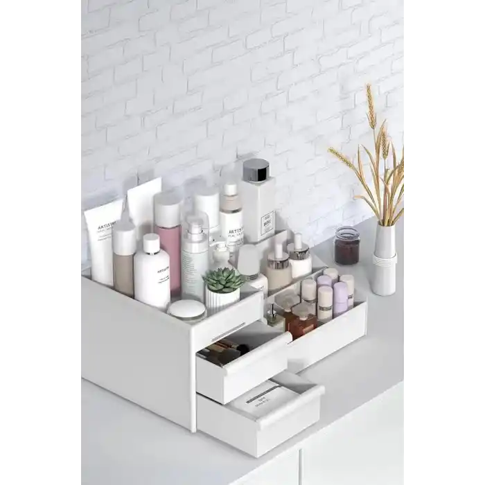 3 Katlı 2 Çekmeceli Ofis, Takı Makyaj Düzenleyici Organizer/Kozmetik Masüstü Düzenleme Kutusu,Beyaz