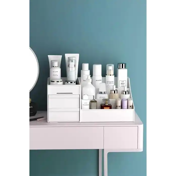 3 Katlı 2 Çekmeceli Ofis, Takı Makyaj Düzenleyici Organizer/Kozmetik Masüstü Düzenleme Kutusu,Beyaz