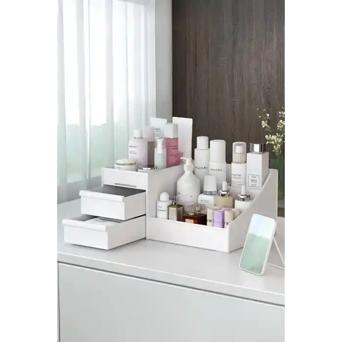 3 Katlı 2 Çekmeceli Ofis, Takı Makyaj Düzenleyici Organizer/Kozmetik Masüstü Düzenleme Kutusu,Beyaz